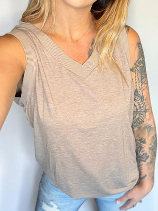Taupe Ribbed V Neck Tank