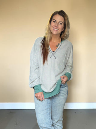 Gray Long Sleeve Top With Green Trim Detail