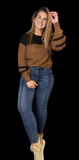 Brown Color Block Knit Striped Sleeve Sweater