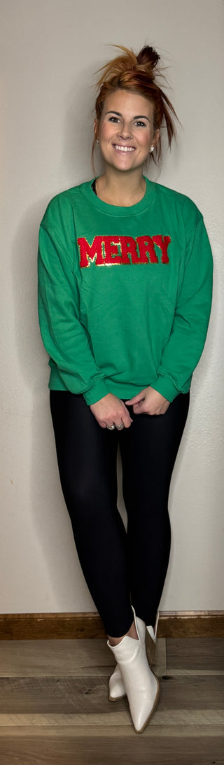 Green “Merry” Patch Crewneck