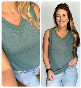 Green Ribbed V Neck Tank