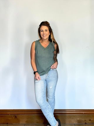 Green Ribbed V Neck Tank