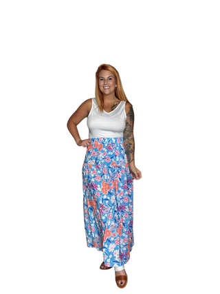 Blue Floral Printed High Waist Split Wrap Long Skirt