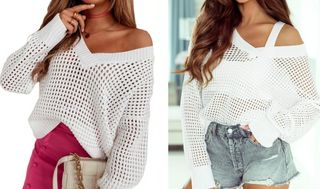 White Hollow Out V-Neck Top